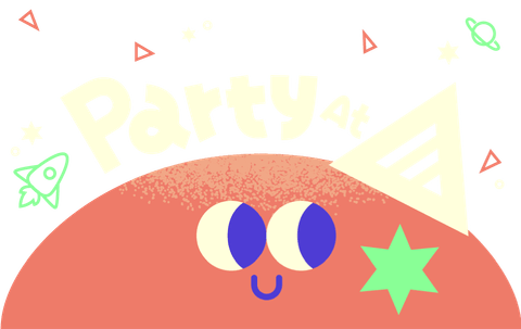 PartyAt のロゴマーク。テントとキャラクターのイラスト