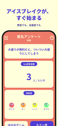 PartyAt の匿名アンケートの結果発表画面。何人がYesと答えたかを表示している